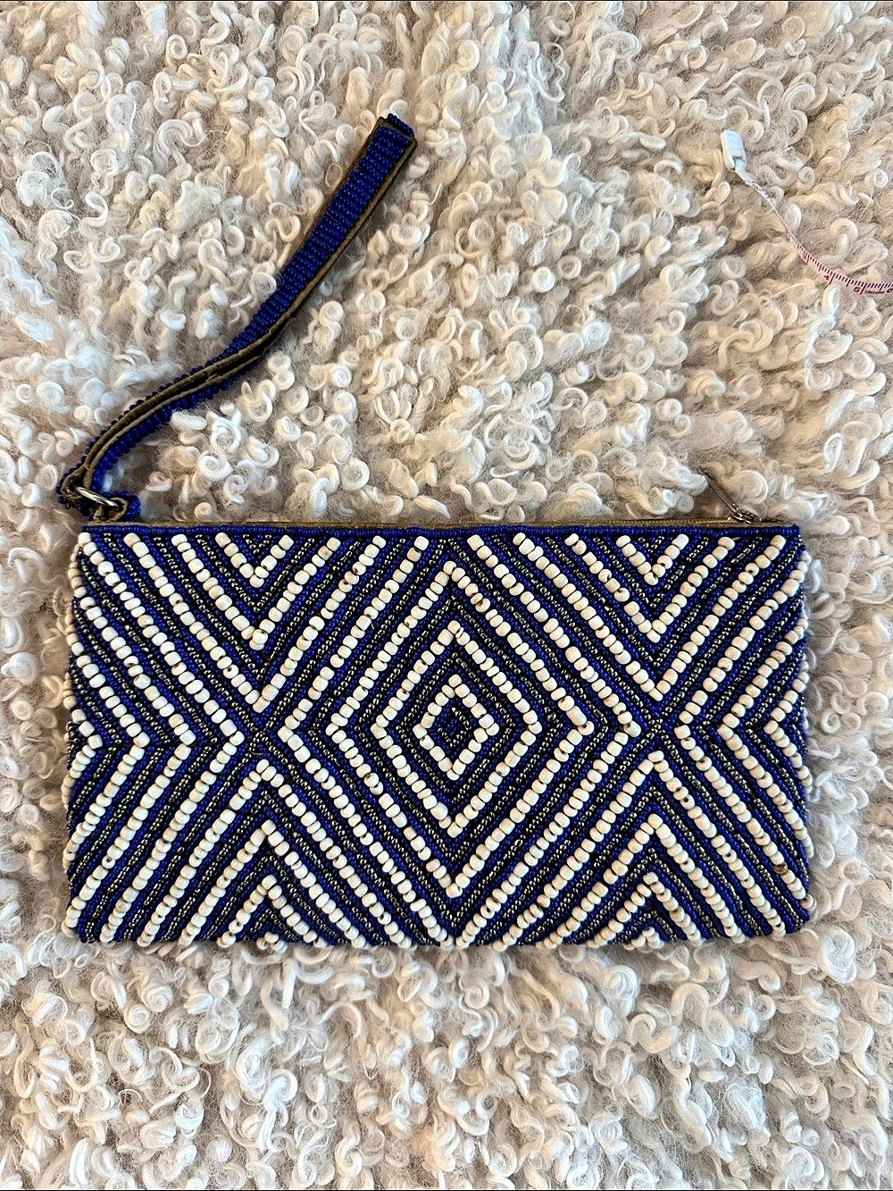 Beaded Wristlet Clutch in Blue & White